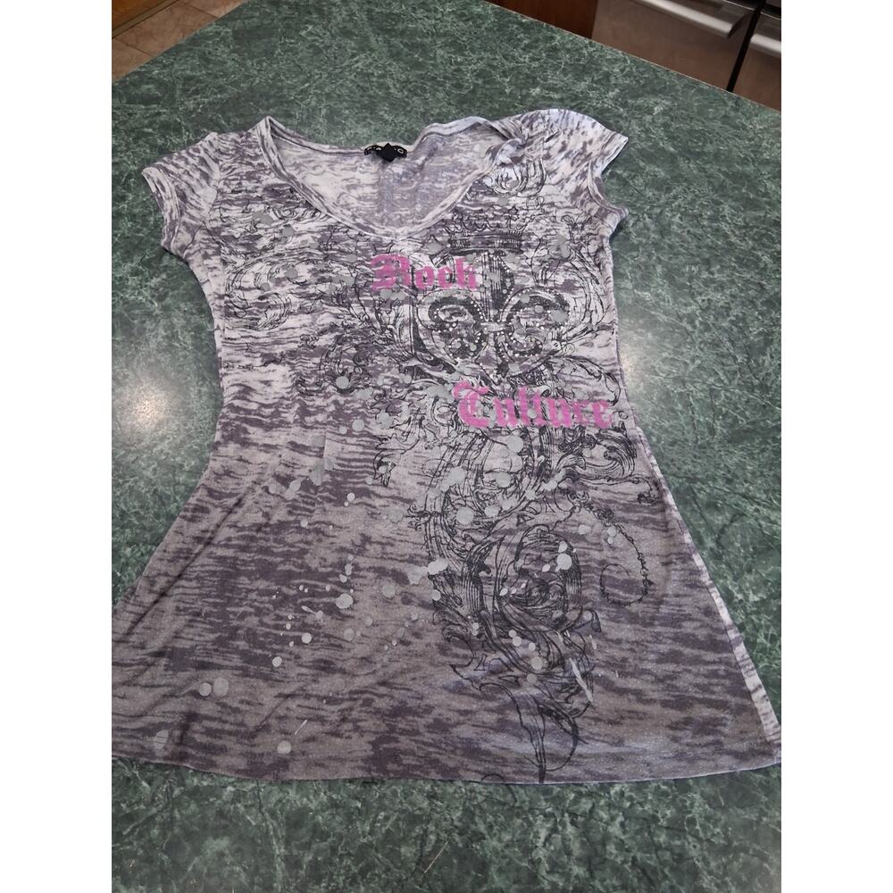 VTG FANG Y2K Burnout Top Embellished Juniors Sz L Gray Babydoll Fleur-De-Lis 90s